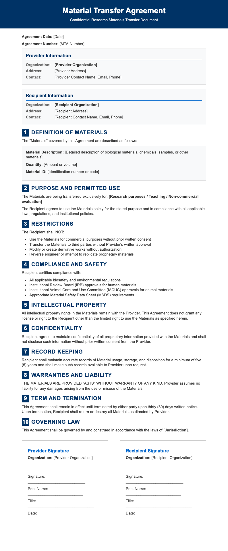 Corporate standard material transfer agreement